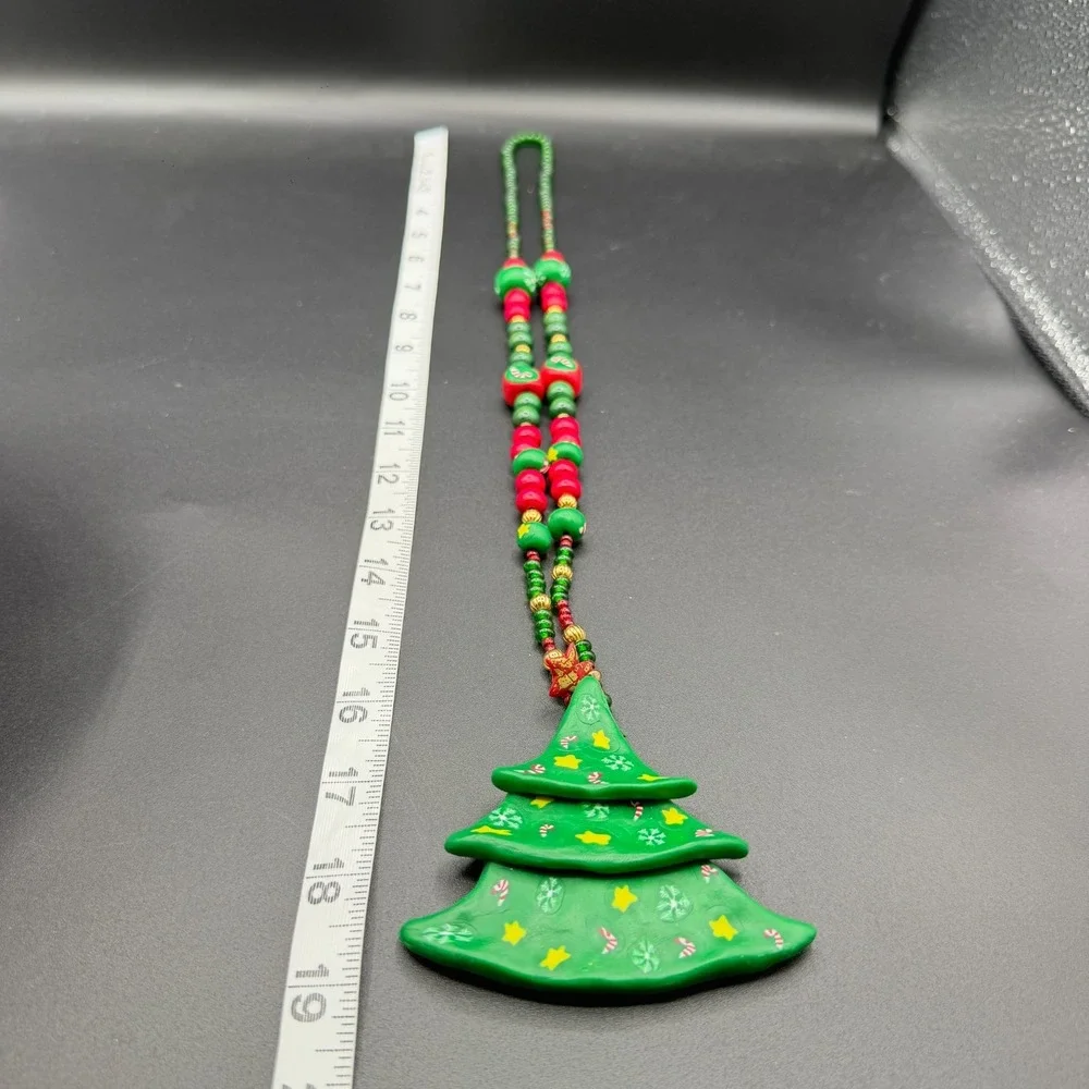 Christmas Tree Pendant Necklace Red Green Wood Beads Holiday Statement Jewelry